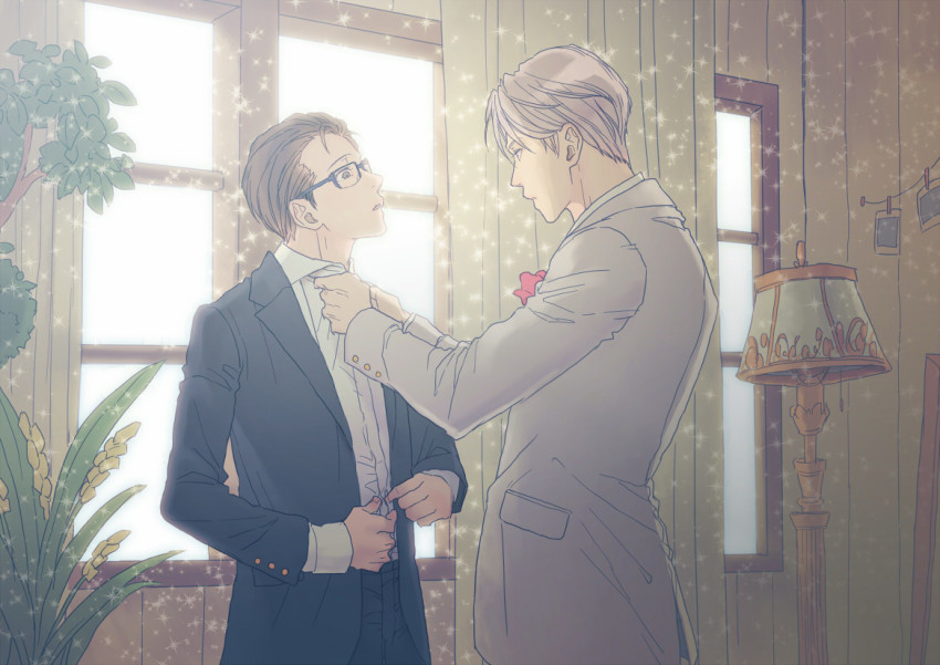2boys adjusting_another&#039;s_clothes black_hair blazer blue-framed_eyewear blue_eyes brown_eyes collared_shirt curtains dressing formal_clothes glasses hair_slicked_back jacket katsuki_yuuri lamp male_focus multiple_boys plant shirt silver_hair sparkle suit t3_(19841230) viktor_nikiforov window yuri!!!_on_ice