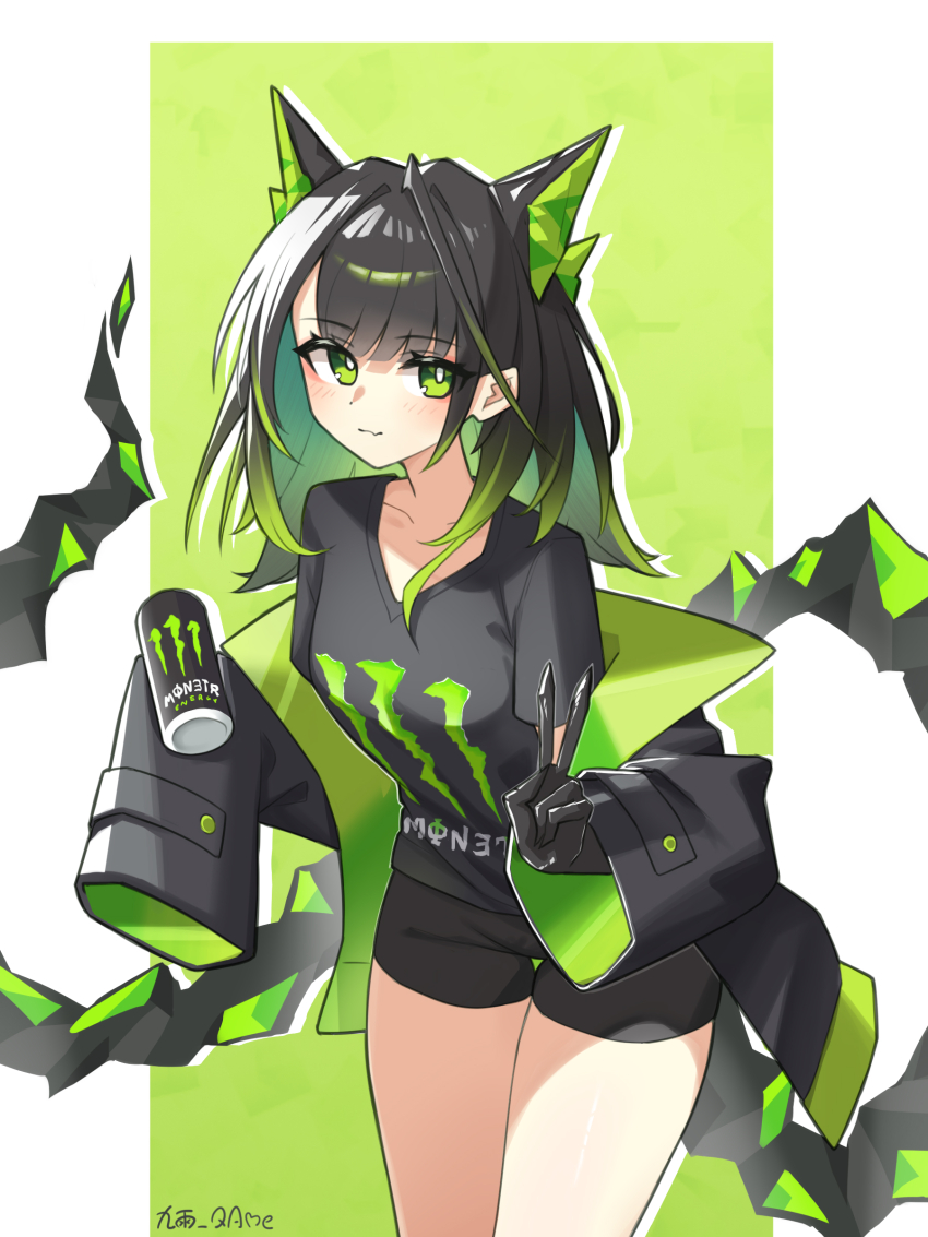 1girl absurdres alternate_costume animal_ears arknights black_gloves black_hair black_shirt black_shorts blush bright_pupils can cat_ears closed_mouth cowboy_shot extra_ears gloves gradient_hair green_background green_eyes green_hair highres holding holding_can jiuyu_qame leaning_forward long_hair long_sleeves looking_at_viewer mon3tr_(arknights) monster_energy multicolored_hair shirt short_shorts shorts signature sleeves_past_fingers sleeves_past_wrists smile tail thigh_gap two-tone_background v white_background
