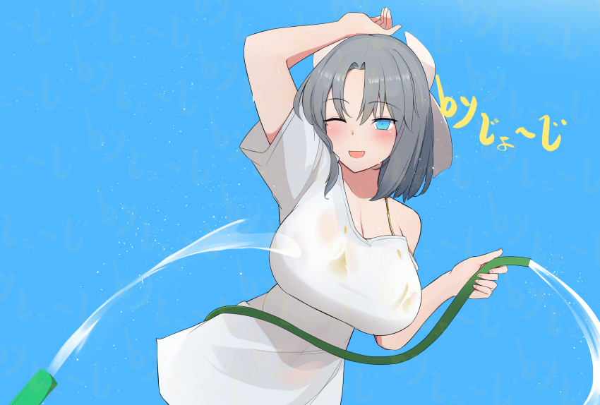 1girl absurdres arm_up bare_shoulders bikini bikini_under_clothes blue_eyes blush bow breasts cleavage collarbone george_(pixiv7099078) gold_bikini grey_hair highres holding holding_hose hose large_breasts medium_hair midriff one_eye_closed open_mouth see-through_clothes senran_kagura shirt smile solo spraying strap_slip swimsuit t-shirt upper_body water wet wet_clothes wet_hair yumi_(senran_kagura)