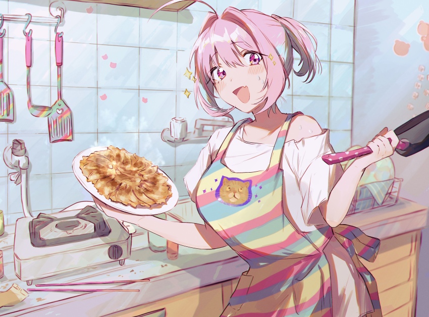 1girl absurdres alternate_hairstyle animal_print apron blue_apron blush breasts cat_print chopsticks diagonal_stripes dumpling fang food hair_between_eyes hamachamu highres holding holding_plate idolmaster idolmaster_cinderella_girls indoors jiaozi kitchen ladle large_breasts leaning_forward looking_at_viewer medium_hair multicolored_apron multicolored_hair open_mouth pink_apron pink_eyes pink_hair plate ponytail shirt short_sleeves single_bare_shoulder skin_fang sparkle_print spatula steam striped_apron striped_clothes sweat tile_wall tiles two-tone_hair yellow_apron yumemi_riamu