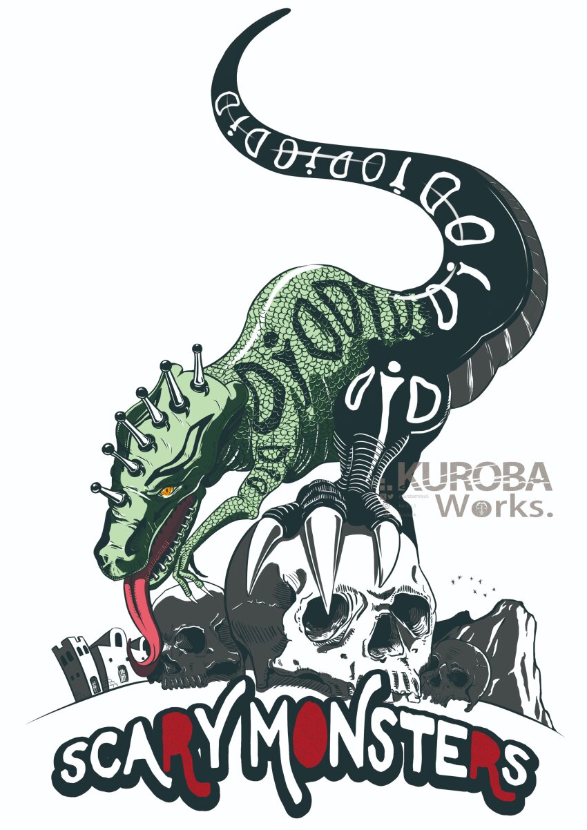 1boy absurdres character_name claws diego_brando dinosaur fangs full_body green_scales highres jojo_no_kimyou_na_bouken kurobameiyos looking_at_viewer male_focus mountain no_humans orange_eyes raptor scary_monsters_(stand) skull solo_focus stand_(jojo) steel_ball_run tongue tongue_out