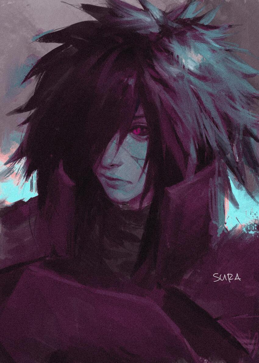 1boy armor black_hair black_sclera colored_sclera cracked_skin edo_tensei expressionless hair_over_one_eye high_collar highres japanese_armor long_hair looking_to_the_side male_focus naruto_(classic) naruto_(series) naruto_shippuuden portrait red_armor red_eyes short_hair slit_pupils solo suracii uchiha_madara undead