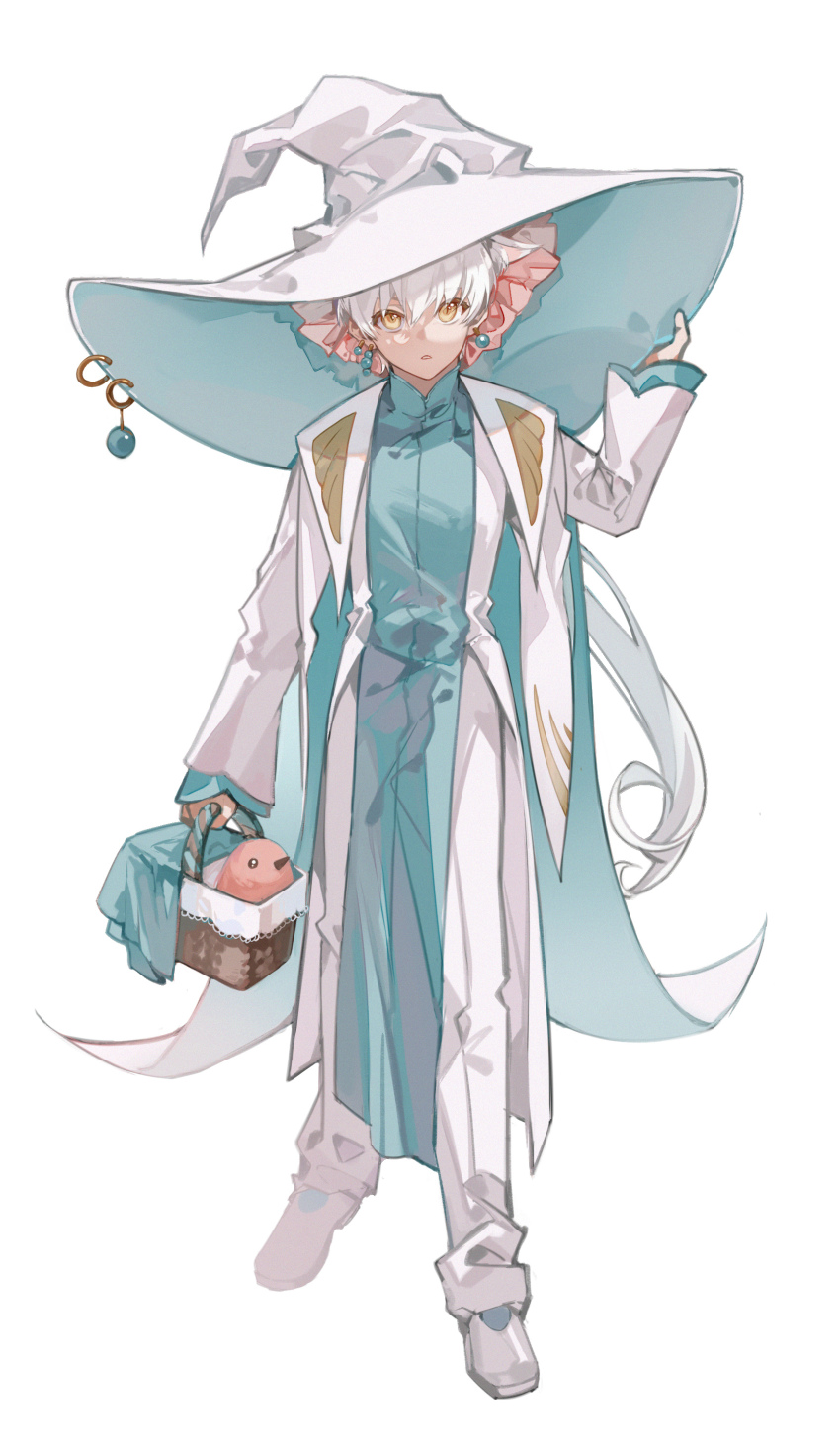 1boy absurdres aged_down aqua_cape aqua_hat aqua_robe arm_at_side azha8 basket bird cape chestnut_mouth chinese_commentary earrings frilled_headwear full_body hair_between_eyes hand_on_headwear hat highres holding holding_basket jewelry light_and_night_love long_hair long_sleeves looking_at_viewer low_ponytail male_focus mandarin_collar oversized_hat pants parted_lips pelvic_curtain pierced_hat pink_bird ponytail qi_sili robe shoes simple_background slit_pupils solo standing two-sided_cape two-sided_fabric two-sided_headwear two-tone_robe white_background white_cape white_hair white_hat white_pants white_robe white_shoes witch_hat yellow_eyes