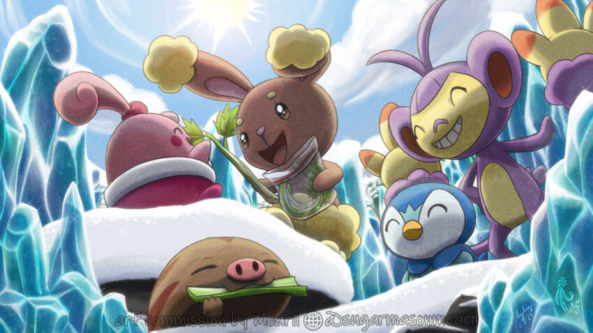 ambipom buneary celery closed_eyes dated eating food game_freak gen_2_pokemon gen_4_pokemon grin happiny happy nintendo no_humans piplup pokemon pokemon_(creature) signature smile sugarmasonmearii swinub teeth tundra vegetable