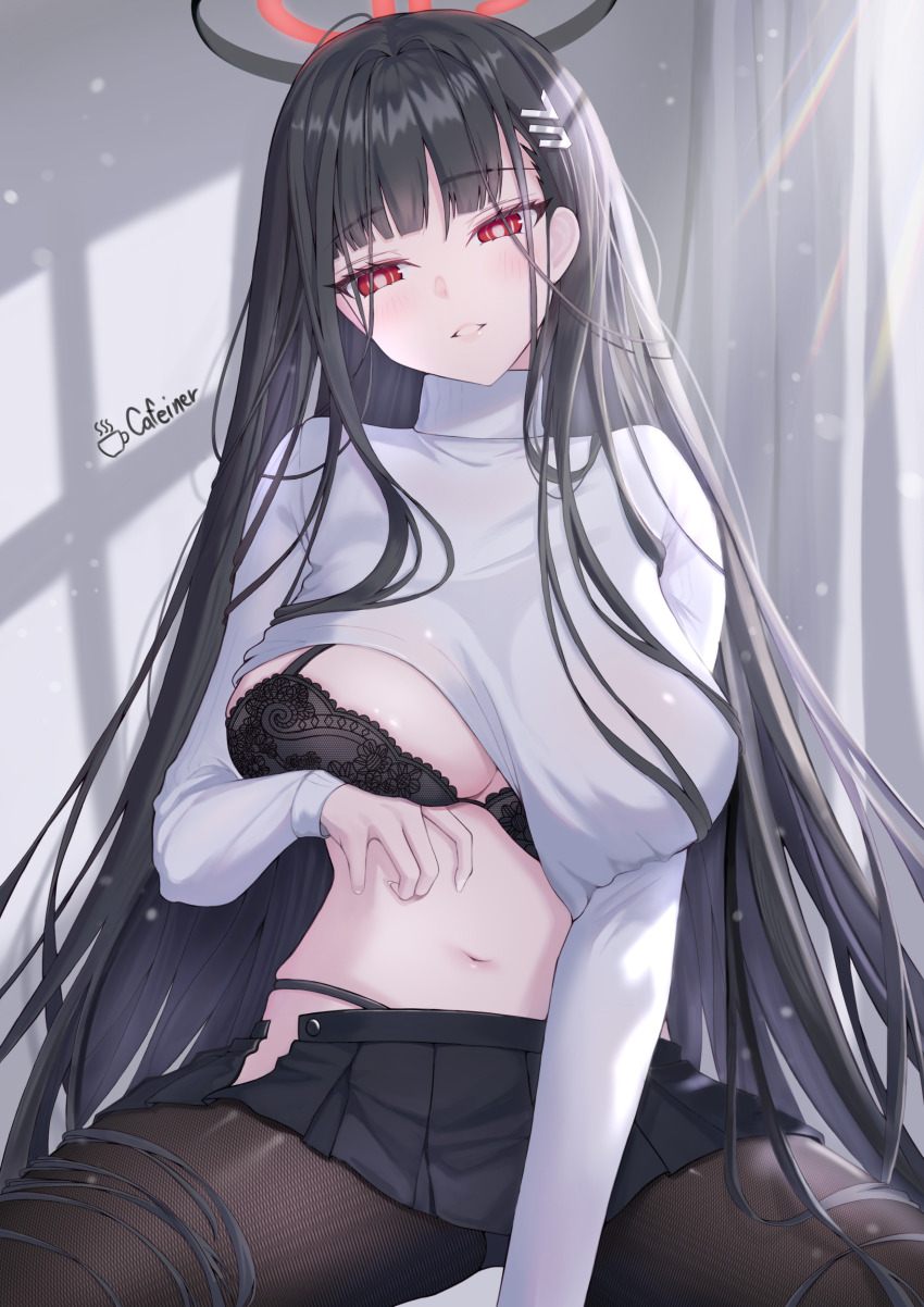 1girl absurdres black_bra black_hair black_panties black_pantyhose blue_archive blunt_bangs bra breasts cafeiner grin halo highres large_breasts long_hair navel panties pantyhose pleated_skirt red_eyes ringed_eyes rio_(blue_archive) skirt smile solo spread_legs sweater turtleneck turtleneck_sweater underwear very_long_hair white_sweater