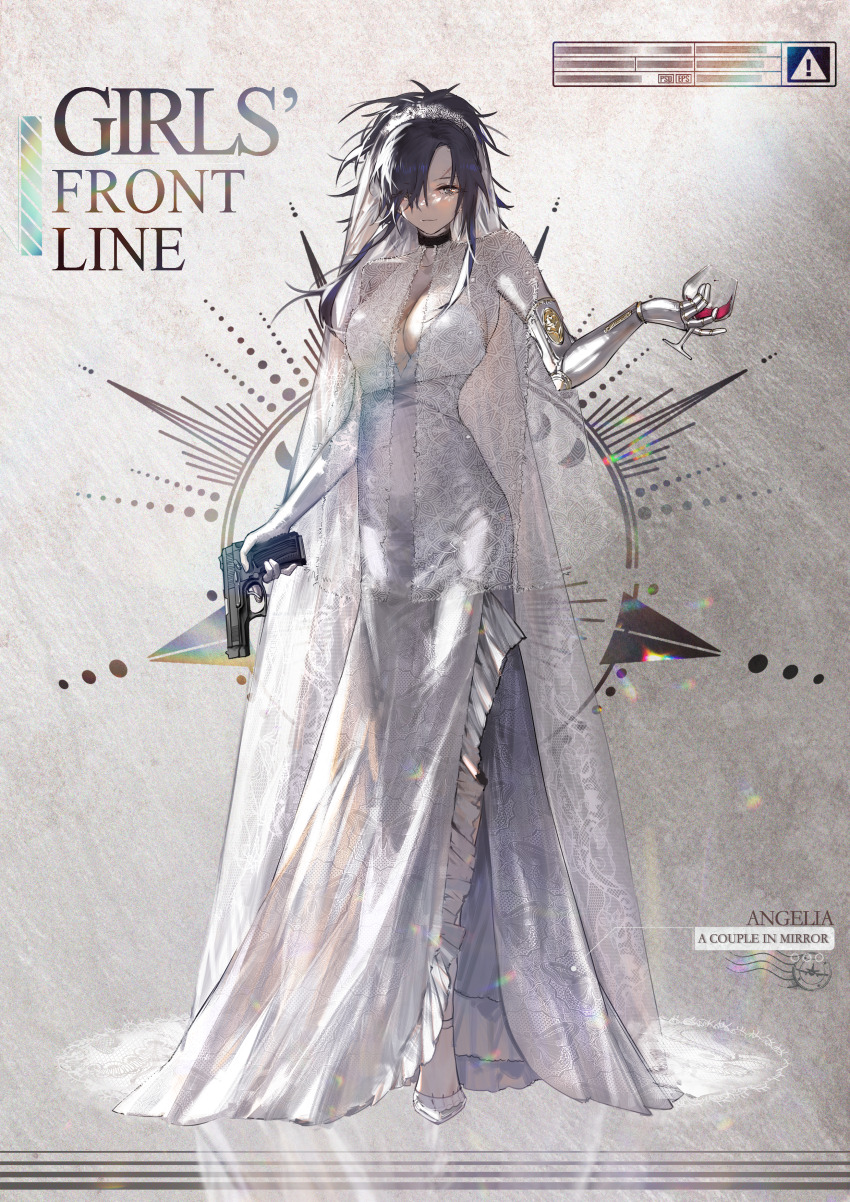 1girl absurdres alcohol alternate_costume angelia_(girls&#039;_frontline) blue_hair blueblossom bridal_veil cup dress drinking_glass english_text girls&#039;_frontline grey_eyes gun handgun highres holding holding_cup holding_gun holding_weapon long_hair mechanical_arms mp-443_grach red_wine scar scar_on_face scar_on_forehead single_mechanical_arm solo trigger_discipline veil weapon wedding_dress white_dress wine wine_glass