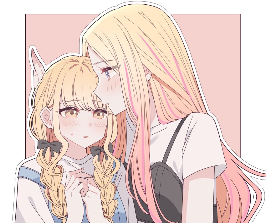 2girls blonde_hair blush border braid commentary fang fujita_kotone gakuen_idolmaster highres idolmaster juo_sena kabedon kousaka_0v0 long_hair multicolored_hair multiple_girls orange_eyes outline outside_border parted_lips pink_background pink_hair purple_eyes shirt short_sleeves simple_background skin_fang streaked_hair sweatdrop twin_braids white_border white_outline white_shirt yuri