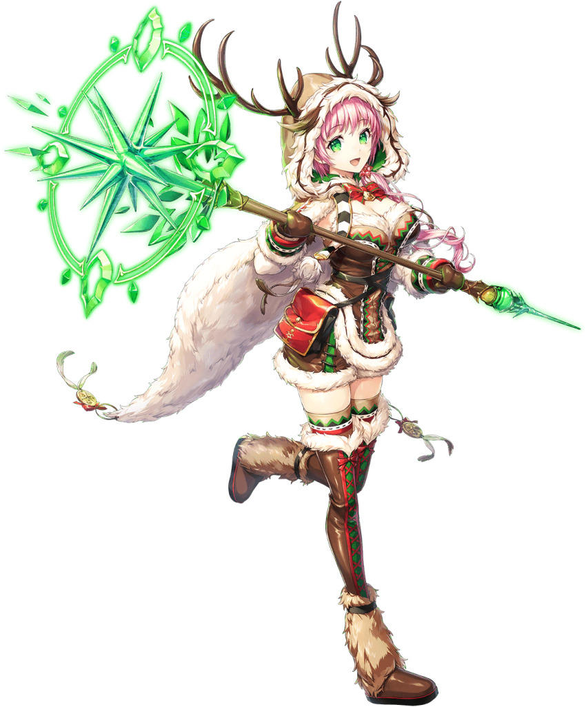 1girl antlers artist_request boots bow breasts cleavage full_body fur_trim game_cg green_eyes highres holding holding_staff hood hood_up horns mittens official_alternate_costume official_art open_mouth pink_hair red_bow reindeer_antlers ryuin solo source_request staff transparent_background unitia
