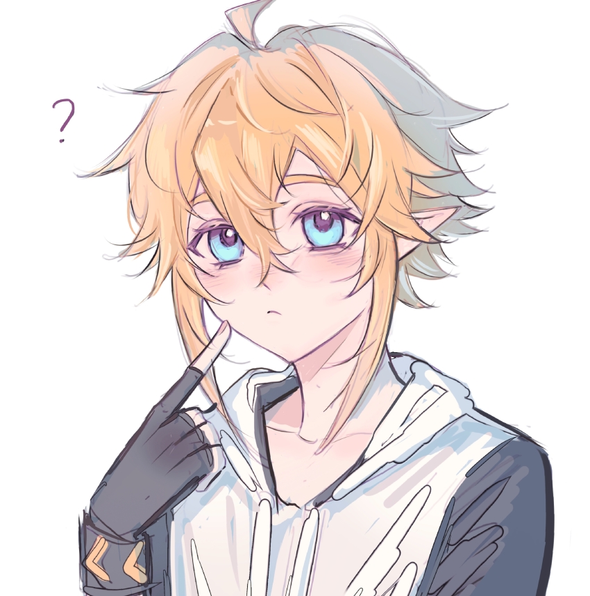 1boy ? absurdres ahoge aotu_world black_gloves blonde_hair blue_eyes blush closed_mouth elf finger_to_cheek fingerless_gloves gloves hair_between_eyes highres hood hoodie king_(aotu_world) looking_at_viewer male_focus plutoray pointing pointing_at_self pointy_ears short_hair simple_background sketch solo upper_body white_background white_hoodie