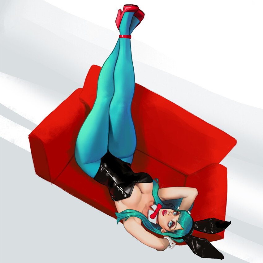 1girl animal_ear_hairband animal_ears aqua_eyes aqua_hair aqua_pantyhose arms_behind_head black_leotard breasts commentary couch english_commentary fake_animal_ears from_above full_body hairband high_heels highres legs_up leotard lipstick looking_at_viewer lying makeup on_back on_couch original pantyhose parted_lips playboy_bunny rabbit_ear_hairband rabbit_ears red_lips red_shoes shoes sidelocks solo strapless strapless_leotard wonbin_lee