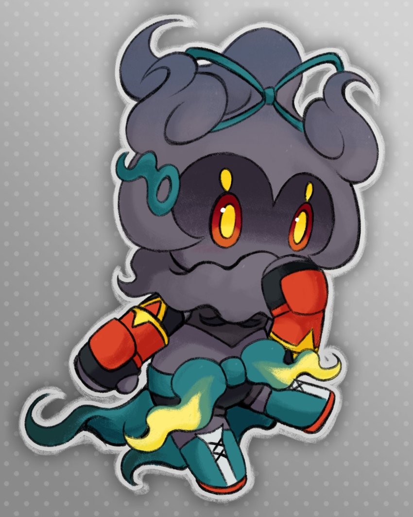 black_skin colored_skin cosplay fingerless_gloves full_body gen_7_pokemon gloves grey_background hand_up highres korrina_(pokemon) korrina_(pokemon)_(cosplay) korrina_(sygna_suit)_(pokemon) legendary_pokemon marshadow midriff mythical_pokemon nintendo no_humans official_alternate_costume orange_eyes pokemon pokemon_(creature) pokemon_masters_ex polka_dot polka_dot_background slys_(jesterdysphoria) solo yellow_pupils