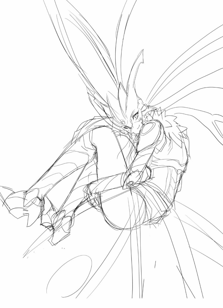 1girl armor armored_boots armored_gloves armored_leotard ass boots breasts butterfly_wings digimon digimon_(creature) female_focus fur_collar helmet high_heels highres hudiemon insect_wings leotard long_hair looking_at_viewer looking_back medium_breasts ph6xeivbgpimggg shoulder_armor sketch skirt smile solo solo_focus tinted_eyewear wings