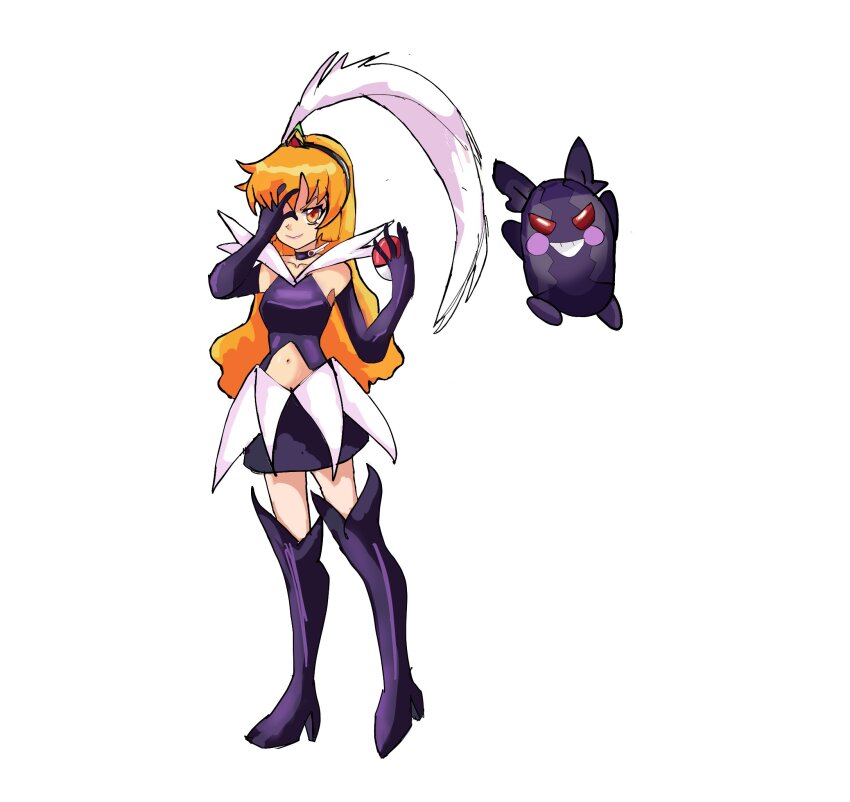 1girl amano_misao_(pretty_sammy) blonde_hair commentary crossover diadem drawing4justice dress english_commentary feather_hair_ornament feathers flapper_girl full_body gen_8_pokemon hair_ornament hands_up highres holding holding_poke_ball magical_girl mahou_shoujo_pretty_sammy md5_mismatch midriff morpeko morpeko_(hangry) navel nintendo orange_eyes orange_hair pixy_misa poke_ball poke_ball_(basic) pokemon pokemon_(creature) purple_dress resolution_mismatch simple_background source_larger standing white_background