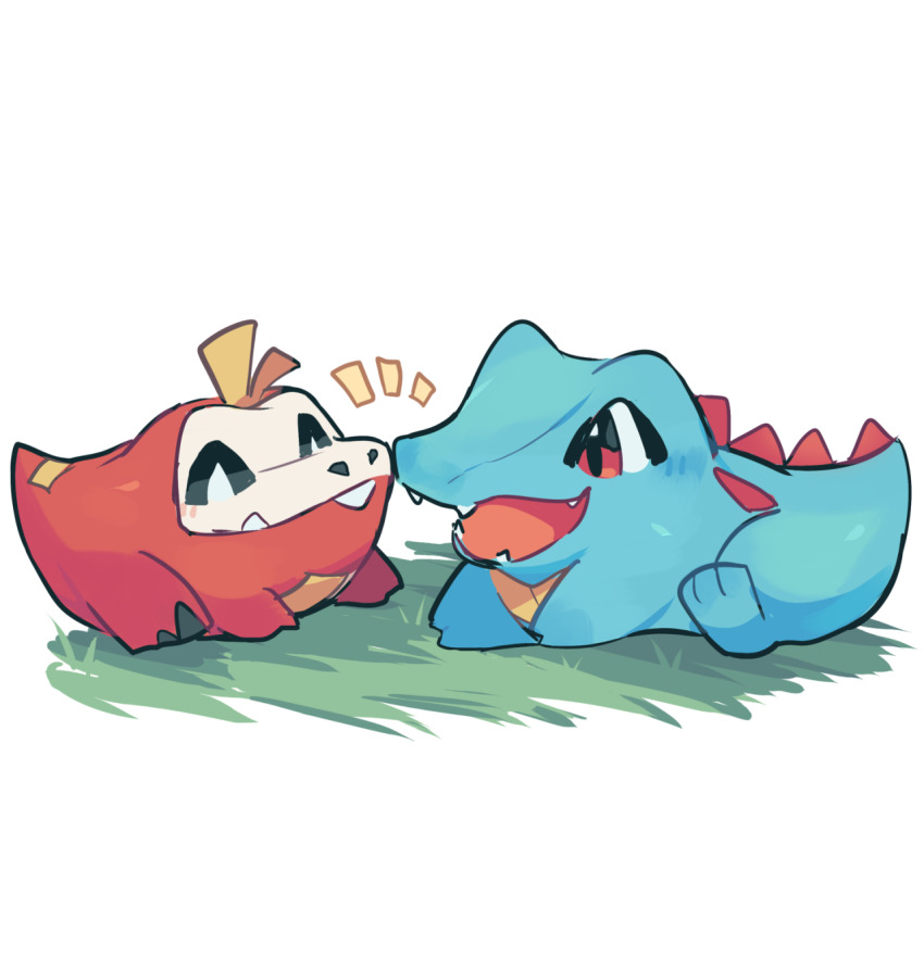 blush charamells closed_eyes closed_mouth fuecoco gen_2_pokemon grass highres lying nintendo no_humans open_mouth pokemon pokemon_(creature) red_eyes simple_background smile totodile white_background