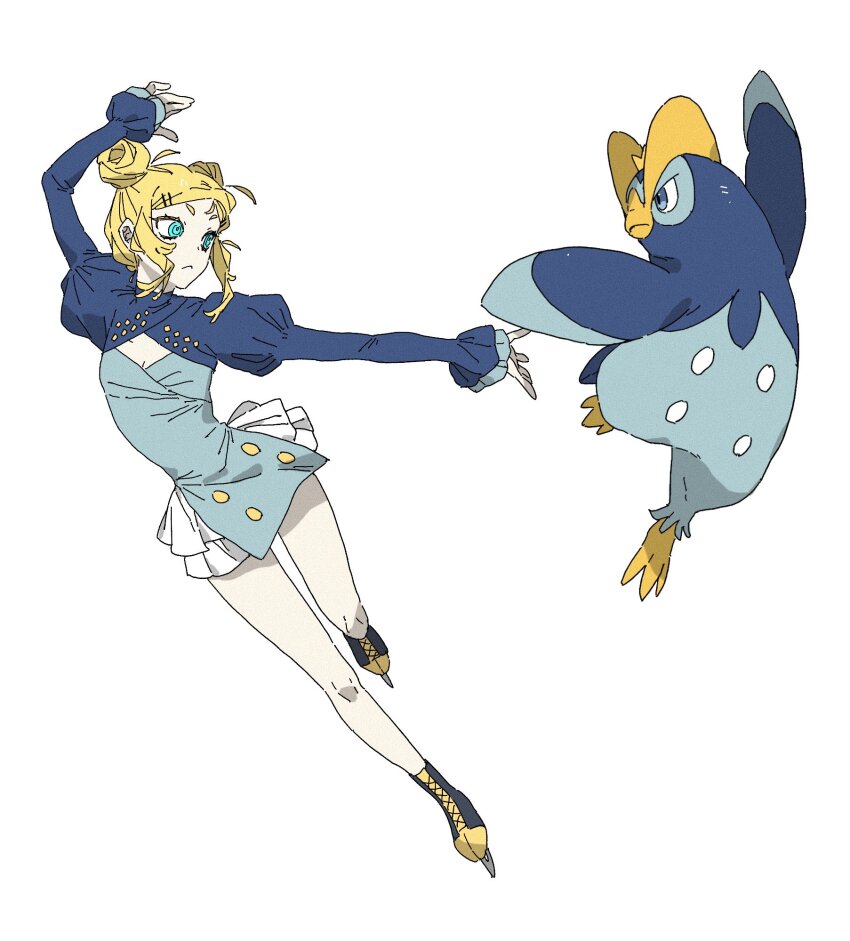 1girl aqua_eyes arm_up blonde_hair blue_dress blue_eyes double_bun dress figure_skating gen_4_pokemon hair_bun hair_ornament hairclip highres ice_skates juliet_sleeves long_sleeves nintendo pokemon pokemon_(creature) prinplup puffy_sleeves skates white_background wulie_errr