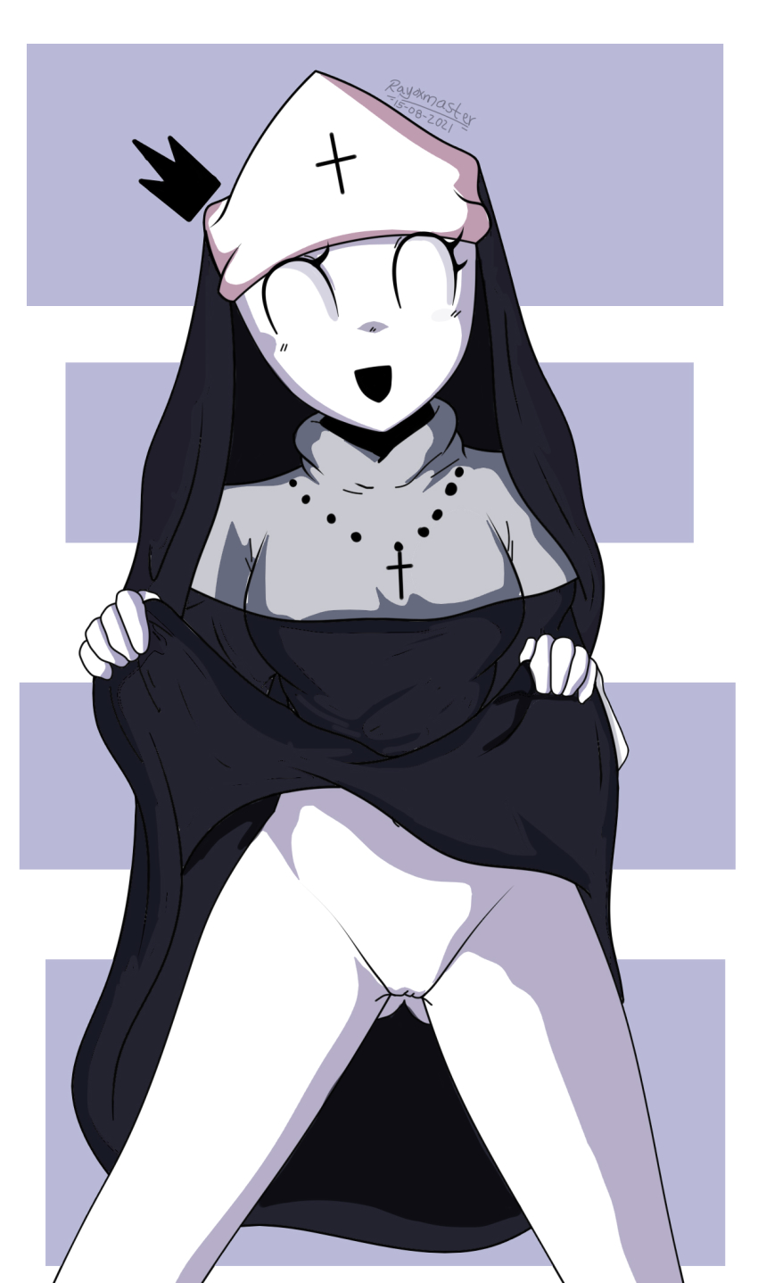 1girl clothes_lift colored_skin cross cross_print dated friday_night_fever friday_night_funkin&#039; gluteal_fold highres no_panties nun pussy rayoxmaster self-upload skirt skirt_lift solo tagme taki_(friday_night_funkin&#039;) uncensored white_skin