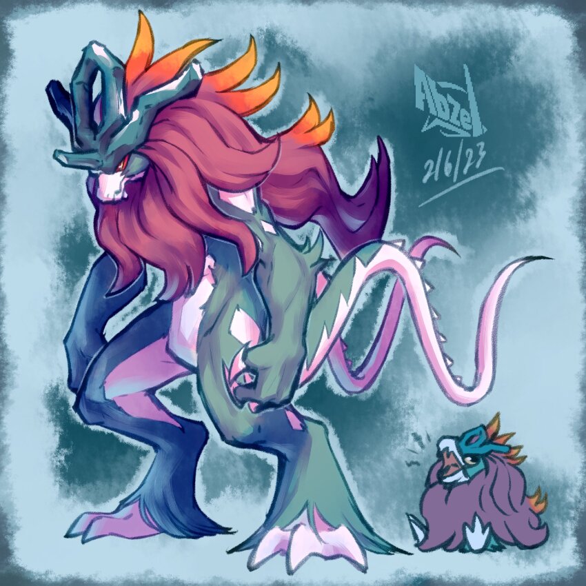 blue_fur chibi chibi_inset colored_sclera dated highres iamblz_twt long_hair multicolored_fur multicolored_hair multiple_tails nintendo orange_hair pokemon pokemon_(creature) purple_hair red_sclera signature standing tail two-tone_fur two-tone_hair two_tails walking_wake white_fur yellow_eyes