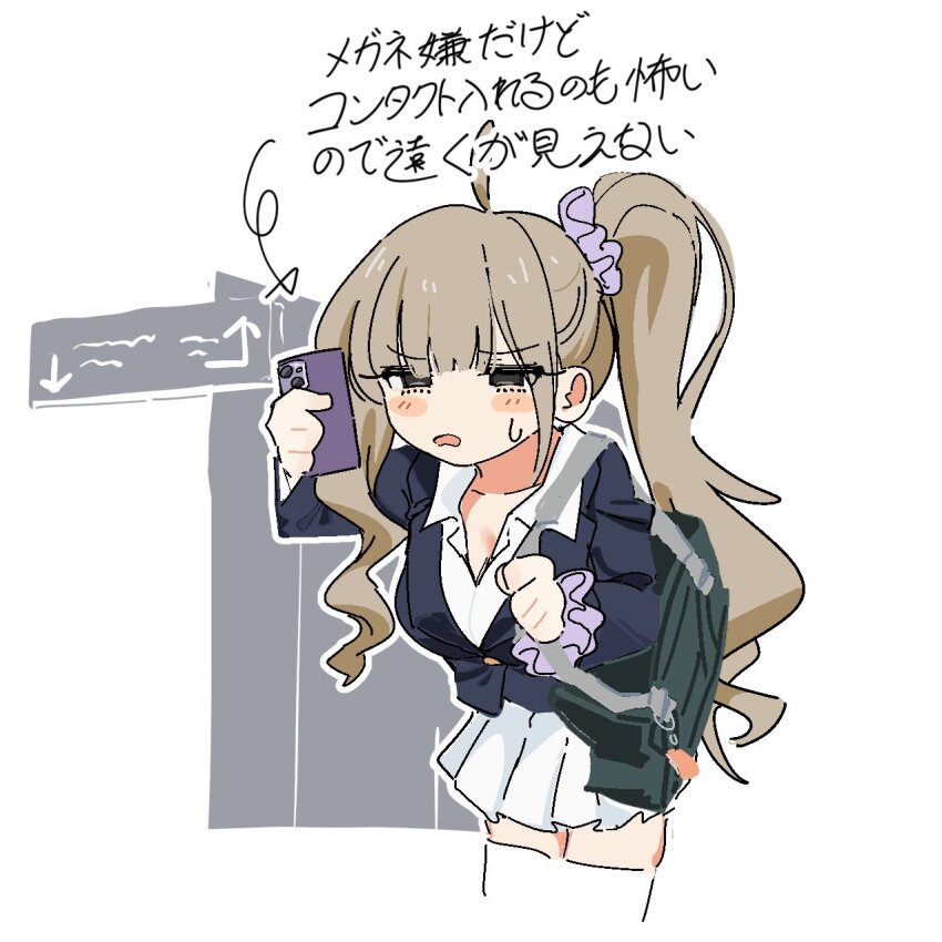 1girl ahoge asymmetrical_sidelocks bag bag_charm black_jacket blazer blunt_bangs blush breasts brown_hair cellphone charm_(object) collared_shirt cowboy_shot hair_ornament hair_scrunchie highres holding holding_phone jacket leaning_forward long_hair miniskirt open_mouth original osakana_(kitasisn) phone pleated_skirt ponytail school_bag scrunchie shirt shoulder_bag skirt smartphone solo sweatdrop thighhighs v-shaped_eyebrows wavy_hair white_shirt white_skirt white_thighhighs zettai_ryouiki