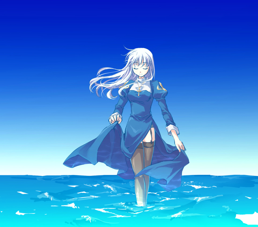 1girl black_thighhighs blue_dress blue_sky breasts caustics clear_sky closed_eyes closed_mouth cross cross_necklace dress feet_out_of_frame garter_belt horizon jewelry juliet_sleeves long_hair long_sleeves medium_breasts motomiya_mitsuki necklace priest priest_(ragnarok_online) puffy_sleeves ragnarok_online skirt skirt_hold sky smile solo thighhighs wading water white_hair wind