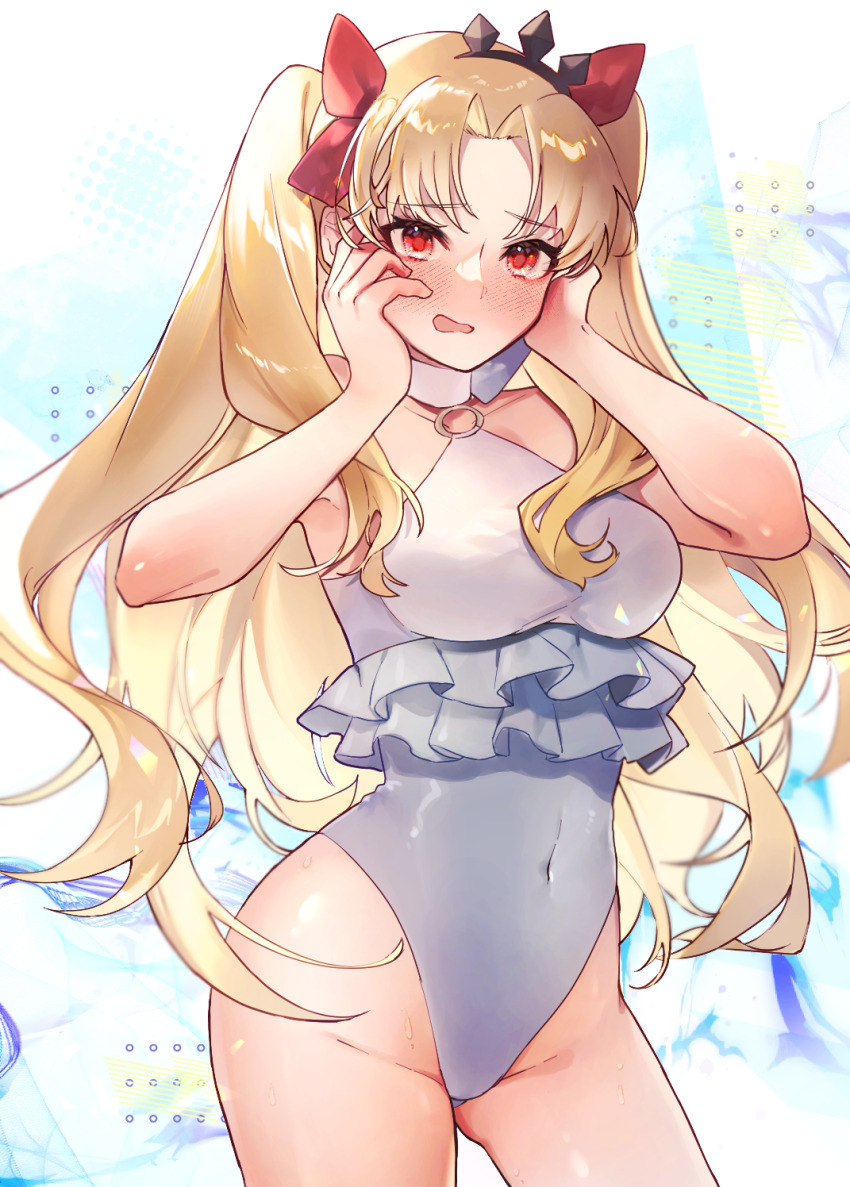 1girl bare_shoulders black_tiara blonde_hair blush breasts commentary_request covered_navel cowboy_shot embarrassed ereshkigal_(fate) fate/grand_order fate_(series) frilled_one-piece_swimsuit frills gluteal_fold hair_ribbon hands_on_own_face highleg highleg_one-piece_swimsuit highres looking_at_viewer mipi o-ring o-ring_swimsuit one-piece_swimsuit parted_bangs partial_commentary red_eyes red_ribbon ribbon simple_background solo space_ereshkigal_(fate) space_ereshkigal_(first_ascension)_(fate) swimsuit tiara two-tone_swimsuit two_side_up white_one-piece_swimsuit