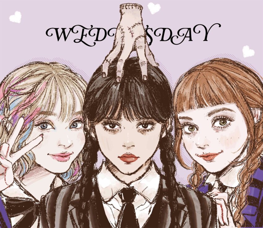 1other 3girls agnes_demille black_bow black_bowtie black_hair black_jacket black_necktie blonde_hair blue_jacket bow bowtie braid brown_hair character_name closed_mouth collared_shirt copyright_name disembodied_hand enid_sinclair freckles hand_on_another&#039;s_head illust2222 jacket long_hair medium_hair multicolored_hair multiple_girls necktie pink_lips purple_background red_lips shirt smile stitched_hand streaked_hair striped_clothes striped_jacket the_addams_family thing_(the_addams_family) twin_braids upper_body v wavy_hair wednesday_(netflix) wednesday_addams white_shirt