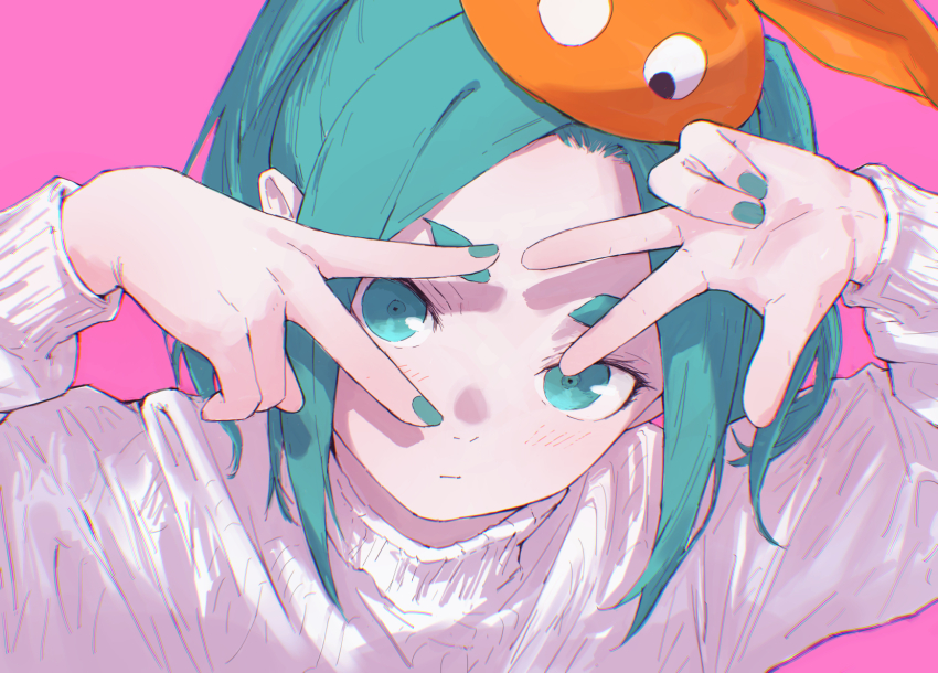1girl blue_eyes blue_hair blue_nails close-up double_v expressionless hat highres long_sleeves looking_at_viewer monogatari_(series) ononoki_yotsugi orange_hat pink_background rhinth shirt solo v white_shirt