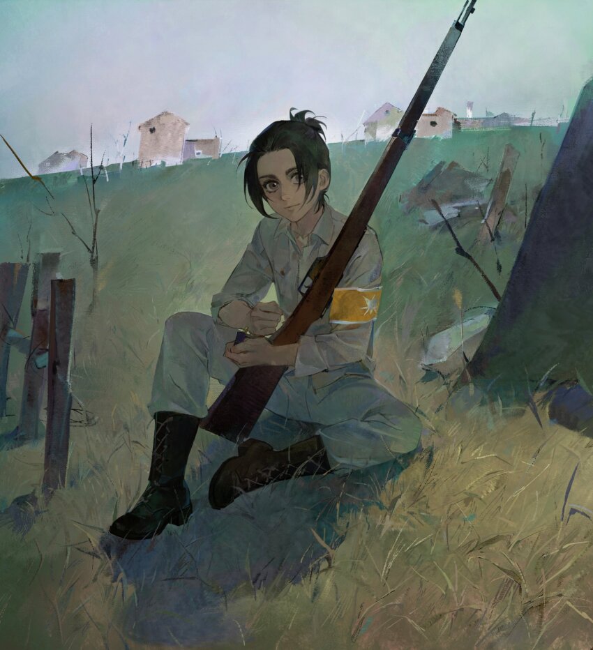 1girl armband barn boots brown_eyes brown_hair building child day female_focus fence full_body gabi_braun gewehr_88 grass gun highres holding holding_gun holding_weapon house light_smile looking_at_viewer luguoadeli_(maple12031) marley_military_uniform on_ground outdoors parody perspective ponytail shadow shingeki_no_kyojin short_hair sitting sky solo style_parody tree vincent_van_gogh_(style) weapon