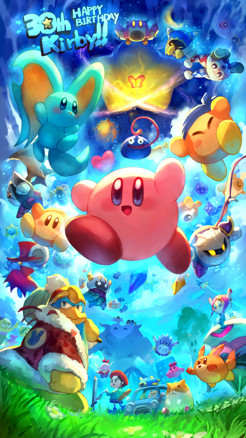 absurdres adeleine anniversary awoofy bandana_waddle_dee bug bun_(kirby) butterfly car character_request chef_kawasaki chuchu_(kirby) code_cube_(kirby) coo_(kirby) dark_matter_(kirby) dark_meta_knight daroach dimension_mirror dragoon_(kirby) easel elfilin energy_sphere_(kirby) english_text escargon everyone flamberge_(kirby) francisca_(kirby) fumu_(kirby) gooey_(kirby) grass hat heart highres hyness insect jumping kine_(kirby) king_dedede kirby kirby&#039;s_adventure kirby&#039;s_dream_land kirby&#039;s_dream_land_2 kirby&#039;s_dream_land_3 kirby&#039;s_return_to_dream_land kirby:_planet_robobot kirby:_right_back_at_ya kirby:_star_allies kirby:_triple_deluxe kirby_(series) kirby_64 kirby_air_ride kirby_and_the_amazing_mirror kirby_and_the_forgotten_land kirby_squeak_squad kirby_super_star kracko magolor marx_(kirby) meta_knight motor_vehicle nago_(kirby) nightmare_(kirby) nintendo painting_(action) pitch_(kirby) rayman_limbs ribbon_(kirby) rick_(kirby) robobot_armor shiburingaru spoilers star_(sky) sun_stone_(kirby) susie_(kirby) taranza tearing_up void_termina waddle_doo whispy_woods wings zan_partizanne zero_(kirby)