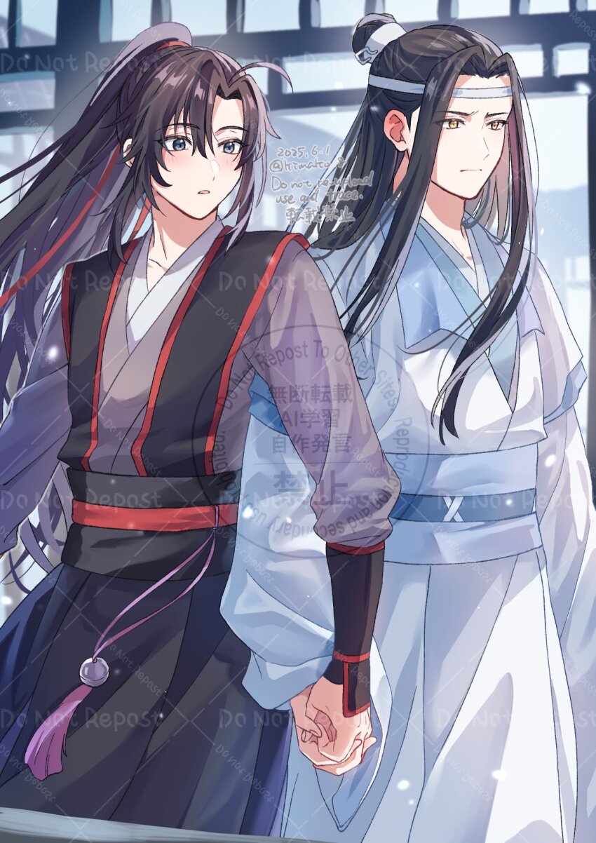 2boys ahoge bishounen black_hair black_hanfu blush chinese_clothes closed_mouth dated grey_eyes hair_between_eyes hair_ribbon hanfu headband high_ponytail highres holding_hands kimako_(kimako_8) lan_wangji lattice long_hair long_sleeves looking_at_another looking_to_the_side male_focus modao_zushi multiple_boys parted_lips ponytail red_ribbon ribbon robe sash sidelocks sleeves_past_wrists snow snowing standing tassel topknot twitter_username very_long_hair watermark wei_wuxian white_hanfu white_headband wide_sleeves winter xiao_guan_(headdress) yaoi yaopei yellow_eyes