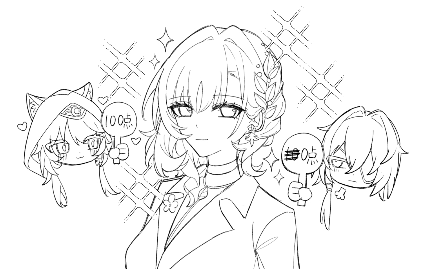 1boy 2girls aglaea_(fashion)_(honkai:_star_rail) aglaea_(honkai:_star_rail) anaxa_(honkai:_star_rail) animal_ears animal_hood cat_ears cat_girl cat_hood choker cipher_(honkai:_star_rail) earrings eyepatch greyscale hair_intakes heart holding honkai:_star_rail honkai_(series) hood jewelry laurel_crown monochrome multiple_girls nanoha_fn_dm necklace official_alternate_costume score short_hair smile