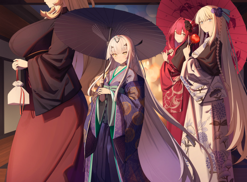 4girls absurdres ban_ya_bgg baobhan_sith_(dream_portrait)_(fate) baobhan_sith_(fate) barghest_(fate) black_kimono blonde_hair blue_eyes blue_kimono blue_umbrella blush braid breasts candy fate/grand_order fate_(series) food grey_eyes highres holding holding_candy holding_food japanese_clothes kimono large_breasts long_hair looking_at_viewer melusine_(dream_portrait)_(fate) melusine_(fate) morgan_le_fay_(fate) morgan_le_fay_(fgo_fes._2023)_(fate) mother_and_daughter multiple_girls oil-paper_umbrella pink_hair red_kimono red_umbrella sidelocks small_breasts umbrella white_hair white_kimono yellow_eyes