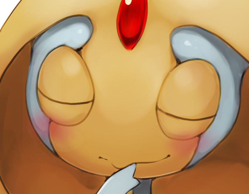 1girl blue_skin blush close-up closed_eyes closed_mouth colored_skin cropped female_focus forehead_jewel gen_4_pokemon hand_to_own_mouth hand_up highres legendary_pokemon multicolored_skin my700 nintendo pokemon pokemon_(creature) simple_background solo two-tone_skin uxie white_background yellow_skin
