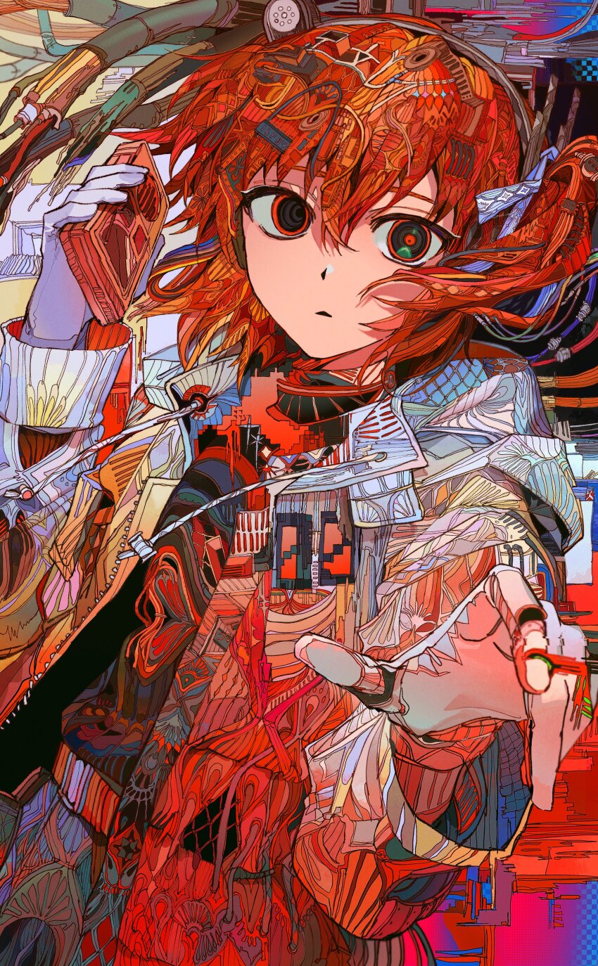 1girl a.i._voice abstract_background absurdres adachi_rei belt black_hairband black_shirt broken_cable cable coat commentary computer_chip cowboy_shot drawstring glitch gloves hair_ornament hair_ribbon hairband hands_up headlamp highres holding hood hood_down hooded_coat lens_eye long_sleeves looking_at_viewer medium_hair mismatched_pupils netsu_ijou_(utau) one_side_up open_clothes open_coat orange_belt orange_eyes orange_hair parted_lips patterned patterned_clothing patterned_hair radio_antenna ribbon shirt shirt_tucked_in solo utau white_coat white_gloves white_ribbon wind window_(computing) yadu_nadu