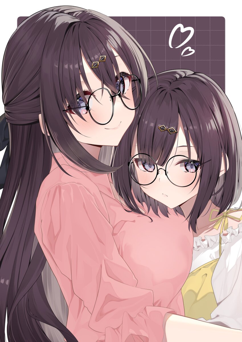 2girls absurdres black-framed_eyewear blush bob_cut border borumete breasts brown_background brown_hair closed_mouth collared_shirt commentary_request from_side frown glasses grid_background hair_ornament heart highres hug large_breasts long_hair looking_at_viewer medium_hair multiple_girls original pink_shirt puffy_sleeves purple_eyes round_eyewear shirt siblings sisters smile three-quarter_sleeves upper_body white_border white_shirt