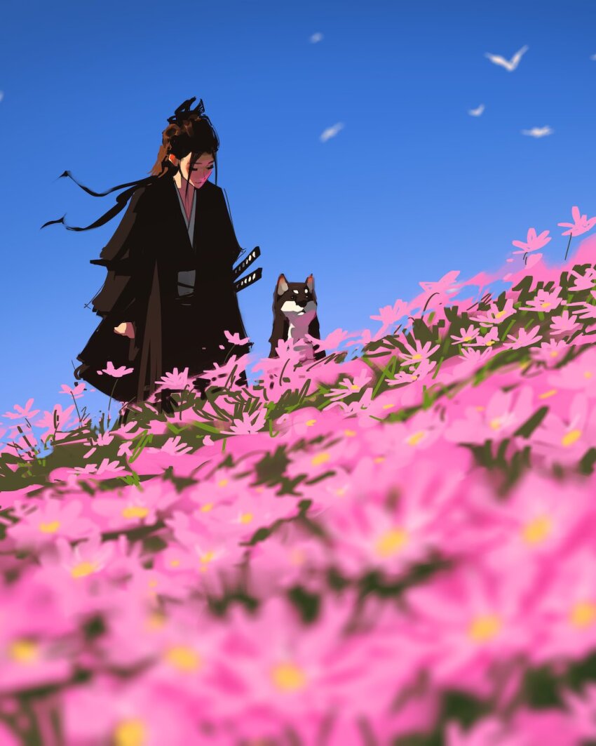 1girl 1other bird black_hair black_kimono blue_sky blurry blurry_foreground daisy_(flower) dog dutch_angle flower grass hair_ornament hair_ribbon highres japanese_clothes katana kimono looking_at_object meadow multiple_weapons original pink_flower ribbon sam_yang sheath sheathed sidelocks sky sword too_many_flowers weapon
