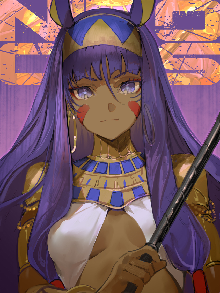 1girl animal_ears armor bracelet bracer breasts character_name closed_mouth dark-skinned_female dark_skin earrings facepaint facial_mark fate/grand_order fate_(series) hairband halterneck highres hoop_earrings jackal_ears jewelry long_hair looking_at_viewer medium_breasts nitocris_(fate) nitocris_(second_ascension)_(fate) pauldrons purple_eyes purple_hair shoulder_armor sidelocks solo staff suzuhi_(fullprayer) usekh_collar very_long_hair