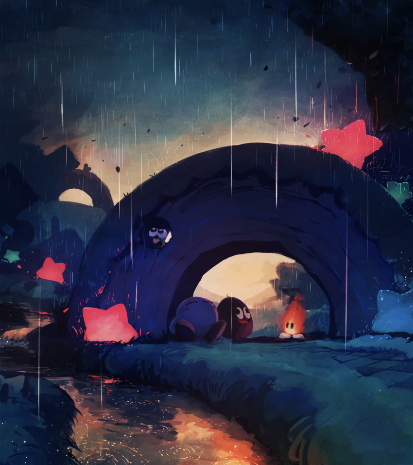 absurdres blush_stickers bobo_(kirby) capiller_(kirby) cloud cloudy_sky gooey_(kirby) grass highres kirby kirby_(series) nintendo no_humans rain river sky sleeping star_(symbol) suyasuyabi