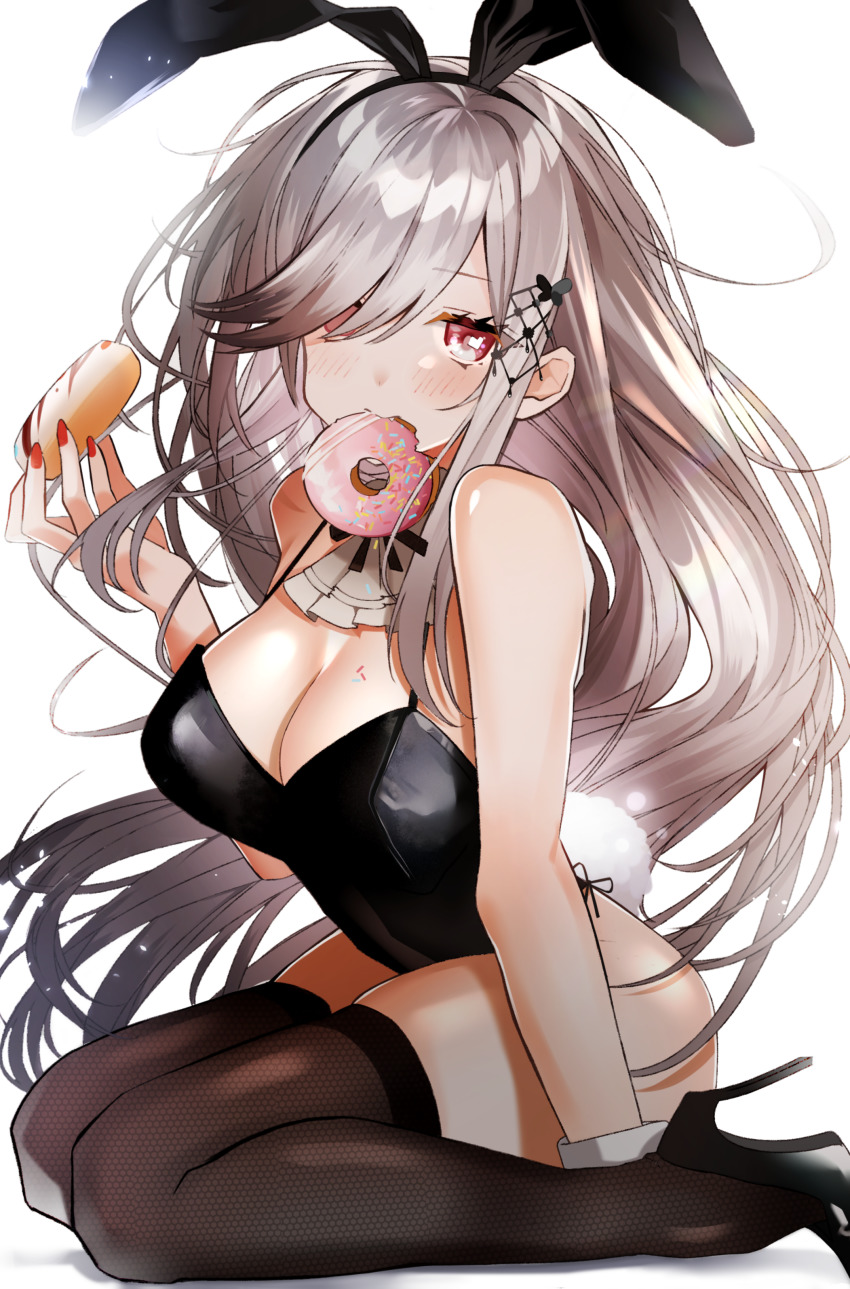 1girl absurdres alternate_costume animal_ears azur_lane bare_shoulders black_leotard black_thighhighs blush breasts cleavage collar detached_collar donut dunkerque_(azur_lane) fake_animal_ears fang fishnet_thighhighs fishnets floating_hair food food_in_mouth frilled_collar frills full_body hair_ornament hairclip heart heart_in_eye high_heels highres holding holding_food large_breasts leotard long_hair looking_at_viewer nail_polish one_eye_covered playboy_bunny pomu_(pomu_me) rabbit_ears rabbit_tail red_eyes red_nails sidelocks simple_background sitting solo swept_bangs symbol_in_eye tail thighhighs thighs wariza white_background wrist_cuffs