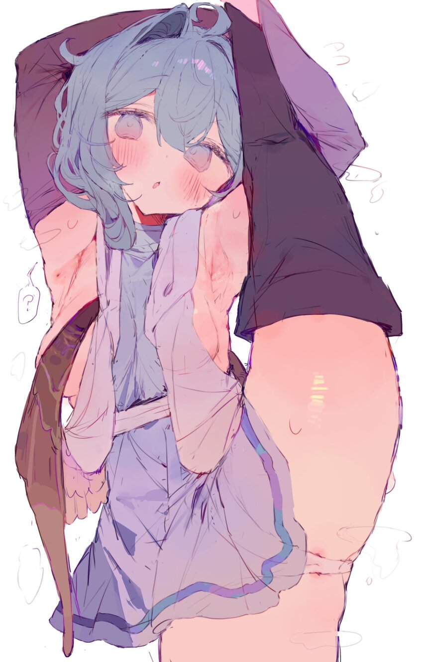 1girl ? ahoge armpits arms_up bare_shoulders black_thighhighs blue_dress blue_eyes blue_hair blush breasts bunchi commission detached_sleeves dress flying_sweatdrops hand_on_own_leg highres holding_leg leg_hold leg_up looking_at_viewer medium_breasts medium_hair open_mouth original panties sideboob simple_background skeb_commission sleeveless sleeveless_dress solo split spoken_question_mark standing standing_on_one_leg standing_split steaming_body sweat thick_thighs thighhighs thighs underwear white_background white_panties