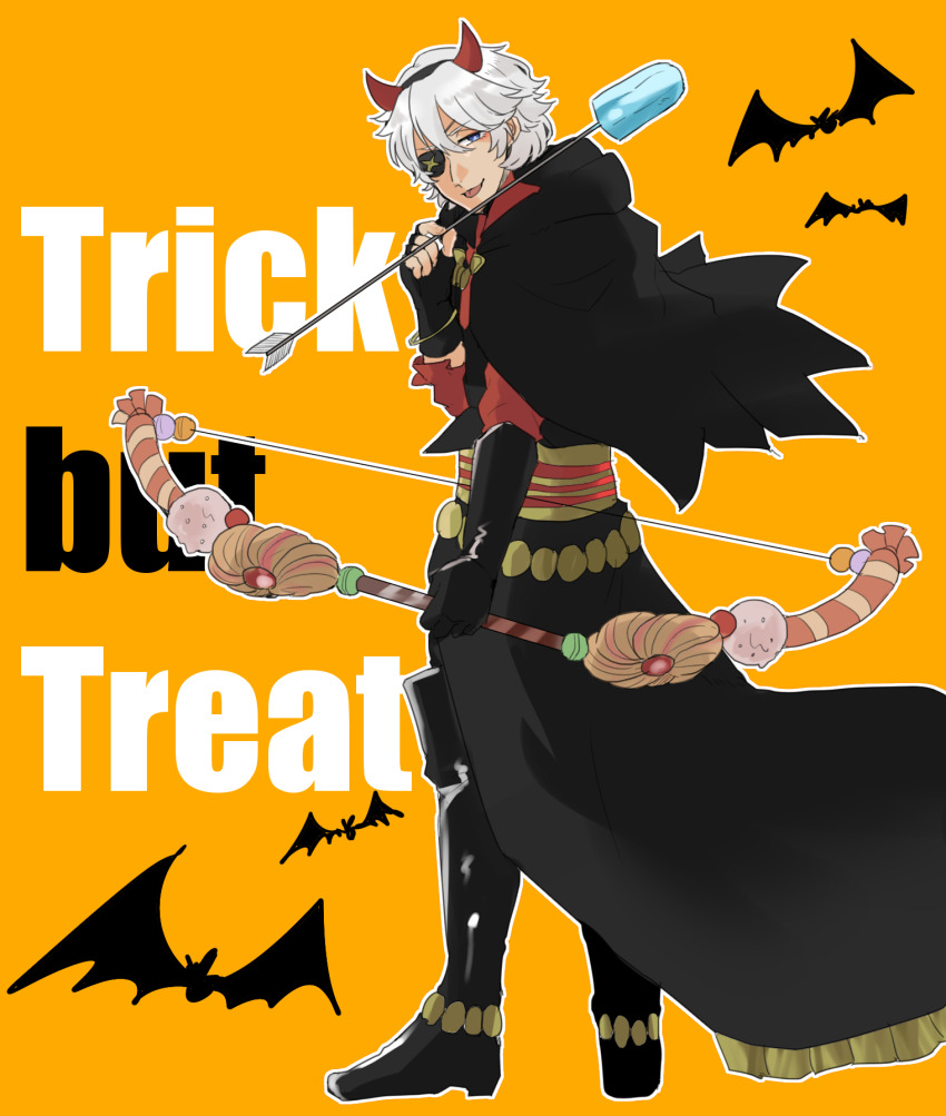 1boy arrow_(projectile) bat_(animal) blue_eyes bow_(weapon) demon_costume demon_horns eyepatch fire_emblem fire_emblem_fates fire_emblem_heroes halloween halloween_costume highres holding holding_arrow holding_bow_(weapon) holding_weapon horns male_focus matumuraaaa niles_(fire_emblem) niles_(halloween)_(fire_emblem) nintendo official_alternate_costume solo trick_or_treat weapon white_hair
