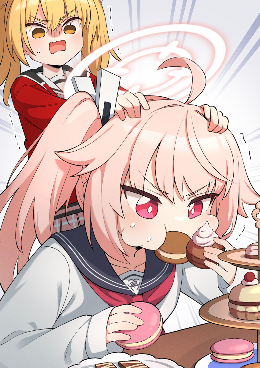 2girls absurdres ahoge blonde_hair blue_archive bright_pupils commentary cupcake eating emphasis_lines empty_eyes food golmonggu halo highres holding holding_food korean_commentary long_hair long_sleeves macaron multiple_girls natsu_(blue_archive) neckerchief open_mouth pink_hair plaid_clothes plaid_skirt plate puffy_cheeks red_neckerchief sailor_collar school_uniform shirt side_ponytail skirt sleeves_past_wrists trembling v-shaped_eyebrows white_pupils white_shirt yoshimi_(blue_archive)