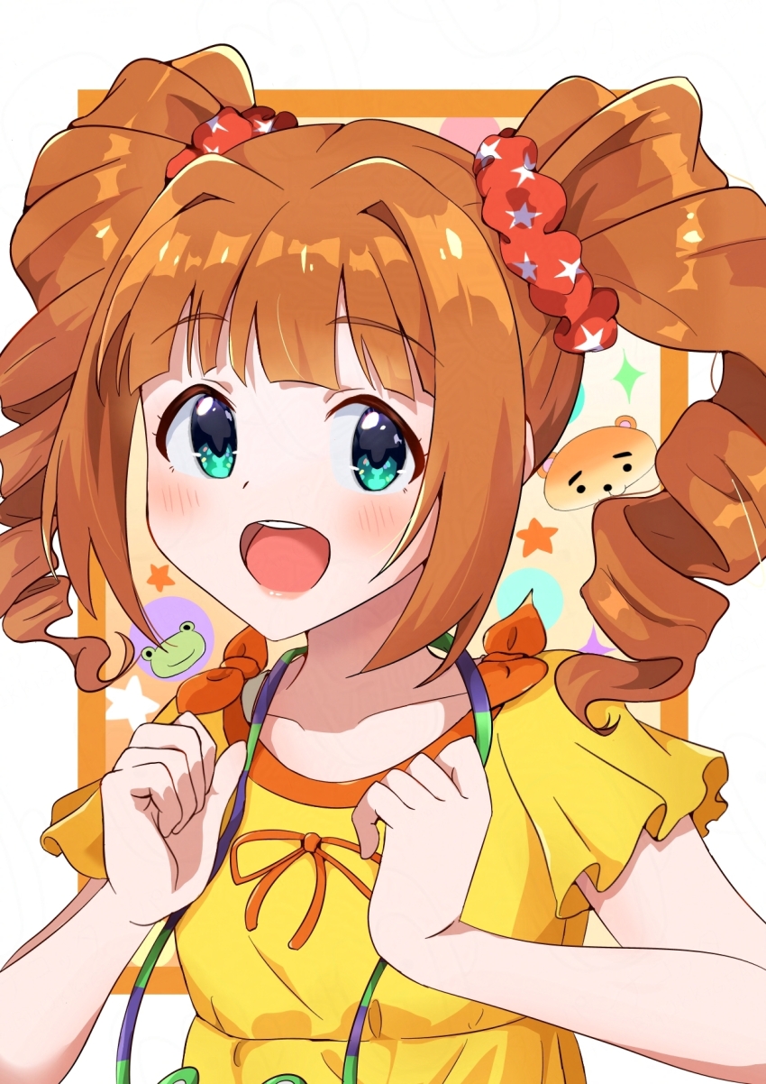 1girl blush border collarbone frog green_eyes hair_ornament hair_scrunchie hands_up highres idolmaster idolmaster_(classic) idolmaster_million_live! idolmaster_million_live!_theater_days looking_at_viewer open_mouth orange_hair outside_border print_scrunchie red_scrunchie scrunchie shirt short_sleeves smile solo star_(symbol) star_print takatsuki_yayoi teeth twintails twwibql2kktg5am upper_body upper_teeth_only white_border yellow_shirt