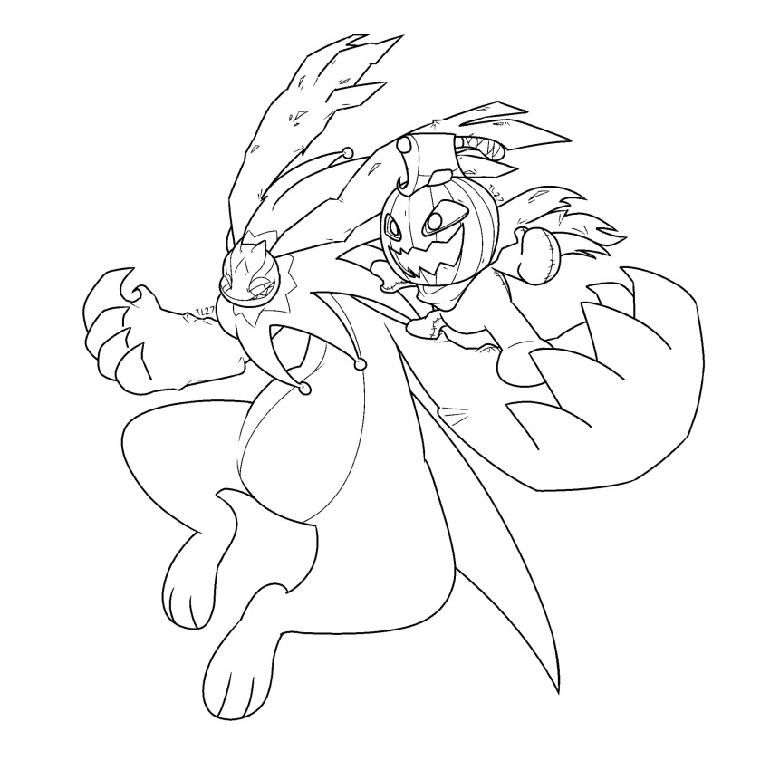 cherubimon cherubimon_(vice) digimon digimon_(creature) highres horns open_mouth pumpmon scarf smile