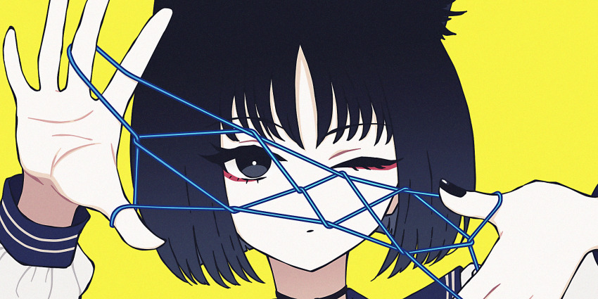 1girl black_eyes black_nails blue_archive blue_hair bright_pupils cat&#039;s_cradle dark_blue_hair eyeshadow highres kikyou_(blue_archive) makeup nail_polish nkymyura one_eye_closed red_eyeshadow simple_background solo upper_body white_pupils yellow_background