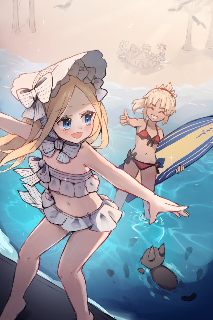 4girls ^_^ abigail_williams_(fate) abigail_williams_(swimsuit_foreigner)_(fate) animal bare_arms bare_shoulders beach bikini black_cat blonde_hair blue_hair bonnet bow breasts cat character_request closed_eyes collarbone commentary english_commentary fate/grand_order fate_(series) frankenstein&#039;s_monster_(fate) frankenstein&#039;s_monster_(swimsuit_saber)_(fate) frankenstein&#039;s_monster_(swimsuit_saber)_(second_ascension)_(fate) front-tie_bikini_top front-tie_top grin hair_bow hat highres holding kiyohime_(fate) kiyohime_(swimsuit_lancer)_(third_ascension)_(fate) miya_(miyaruta) mordred_(fate) mordred_(swimsuit_rider)_(fate) multiple_girls navel outstretched_arms palm_tree pink_hair ponytail red_bikini sand side-tie_bikini_bottom small_breasts smile spread_arms strapless strapless_bikini striped_bow surfboard surfing swimsuit tomoe_gozen_(fate) tomoe_gozen_(swimsuit_saber)_(fate) tree water white_bikini white_bow white_hat