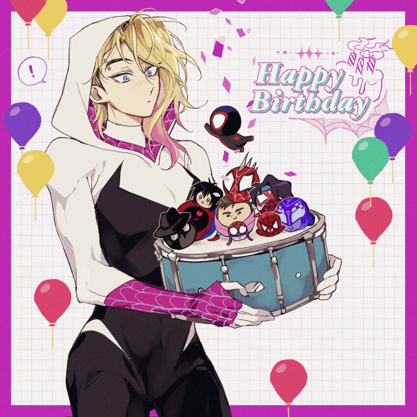 ! balloon blonde_hair bodysuit border chibi colored_tips drum english_text eyebrow_piercing face_piercing grid_background gugusam0 gwen_stacy happy_birthday highres hood hooded_bodysuit instrument knit_hat marvel mask mayday_parker multicolored_hair peni_parker peter_b_parker piercing purple_border smile sp//dr speech_bubble spider-byte spider-gwen spider-ham spider-man:_across_the_spider-verse spider-man_(miles_morales) spider-man_(series) spider-man_india spider-man_noir spider-punk spider-verse spider_web_print spoken_exclamation_mark two-tone_bodysuit