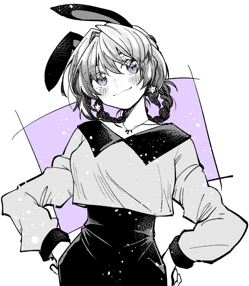 1girl absurdres alternate_hairstyle animal_ears blush breasts bukiyou_na_senpai collarbone cropped_shirt hair_between_eyes hair_rings hands_on_own_hips head_tilt high-waist_skirt highres jewelry kannawa_azusa kudou_makoto looking_at_viewer medium_breasts necklace pencil_skirt rabbit_ears skirt smile solo spot_color