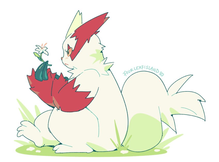 :&lt; absurdres colored_sclera commentary english_commentary flower fourleafisland from_side full_body gen_3_pokemon grass highres holding holding_flower nintendo no_humans on_ground pokemon pokemon_(creature) sitting yellow_sclera zangoose