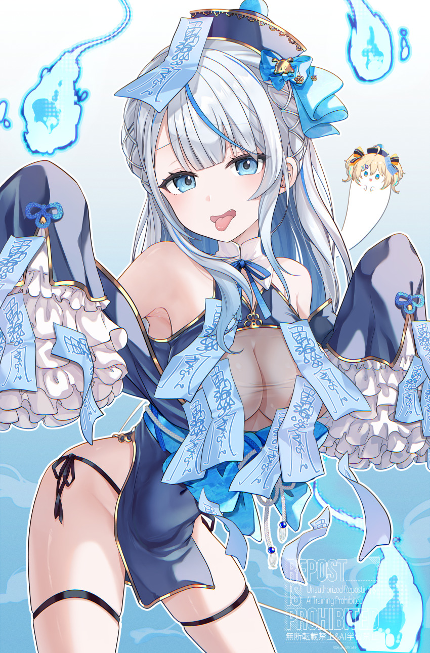 :p absurdres amagai_ruka appare_hinata armpits bare_shoulders blue_dress blue_eyes blue_hair blue_hat blue_ribbon bow braid breasts chinese_clothes cleavage cleavage_cutout clothing_cutout dress grey_hair halloween halloween_costume hat highres hitodama jiangshi jiangshi_costume kudoukudokudo large_breasts long_hair looking_at_viewer multicolored_hair obi ofuda ofuda_on_clothes open_mouth outstretched_arms pelvic_curtain ribbon sash simple_background spirit strap thighs tongue tongue_out virtual_youtuber weather_planet wide_hips zombie_pose