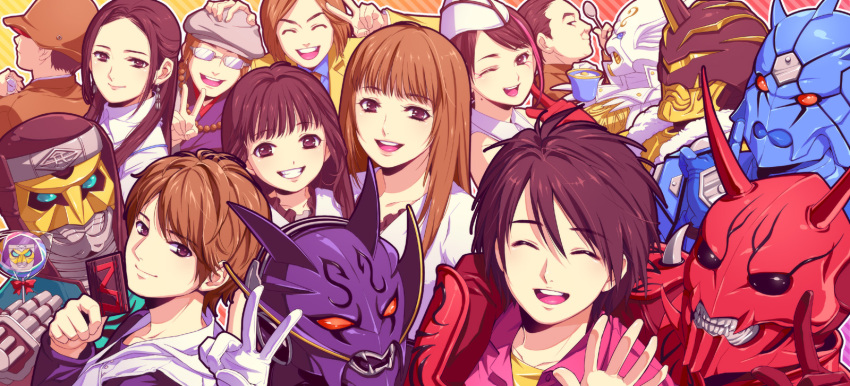 4girls 6+boys :d ^_^ blunt_bangs blush closed_eyes deneb everyone green_eyes grin hana_(kamen_rider_den-o) highres horns kamen_rider kamen_rider_den-o_(series) kintaros kintarosu kohana looking_at_viewer miura_(kamen_rider_den-o) miura_isse momotaros momotarosu monster multiple_boys multiple_girls naomi_(kamen_rider_den-o) nogami_airi nogami_ryoutarou open_mouth ozaki_(kamen_rider_den-o) ozaki_seigi ryutaros ryutarosu sakurai_yuuto_(kamen_rider_den-o) sharp_teeth sieg smile swept_bangs teeth tetsukuzu_tetsuko the_owner_(kamen_rider_den-o) urataros uratarosu